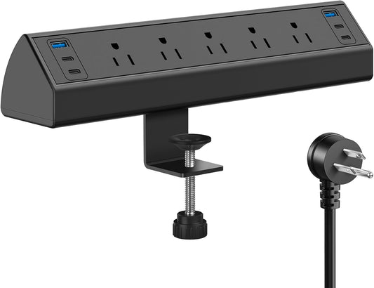 Desk Clamp Power Strip USB C,Under Desk Mount Power Station,20W Fast Charging,Fits 1.9'' Tabletop Edge,Desk Surge Protector,Perfect Home,Office Supplies (Black, 5 Outlets & 6 USB Ports & 10 FT Cable)
