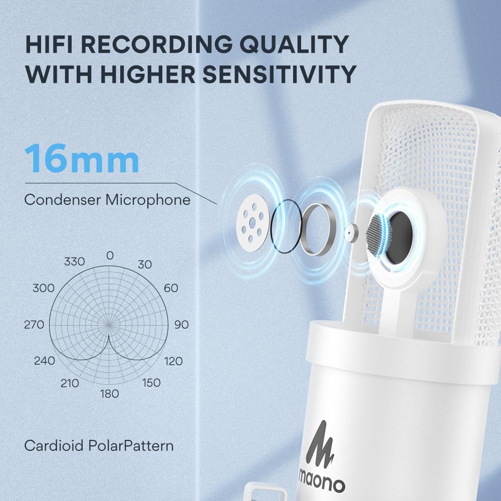 MAONO USB Microphone, 192kHz/24bit Plug & Play PC Computer Podcast Condenser Cardioid Metal Mic Kit with Professional Sound Chipset for Recording, Gaming, Singing, YouTube, AU-A04 White