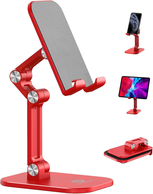 OCYCLONE Phone Stand, Adjustable Height and Angle Foldable Cell Phone Stand Holder for Desk, Taller iPhone Stand Compatible with 4.7"-13" Smartphones iPad Tablet, Red