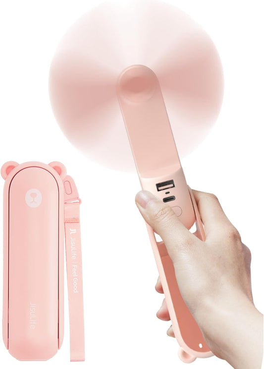 JISULIFE Handheld Fan with 4500 mAh Powerbank Max 37 Hours Runtime, Pocket Portable Battery Operated or USB Powered Folding Personal Fan, 3 Speeds, Gifts for Women Men Kids Gift for Festival-Pink