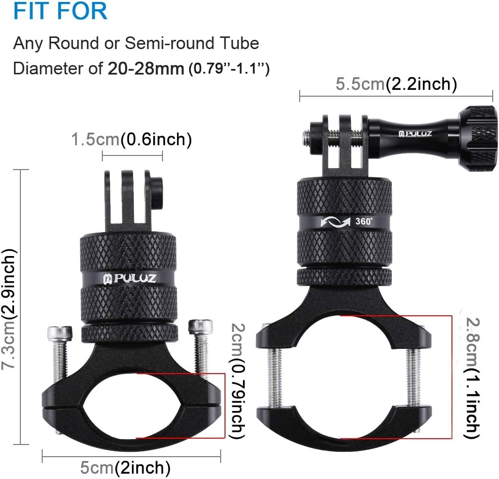 PULUZ Bike Camera Handlebar Mount for Gopro Hero 12/11/10/9/8/7/6 Bike Motorcycle Mount Clip, 360 Degree Rotation Aluminum Bicycle Bracket for DJI OSMO Action&Xiaoyi Camera
