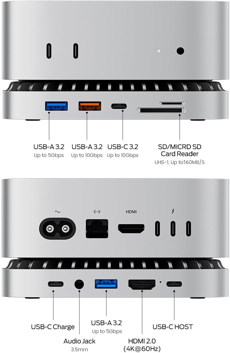 Mac mini M4 Dock, Aluminum Mac mini Stand and HDMI Hub for Mac mini M4 and M4 Pro 2024 with M.2 NVMe/SATA SSD Enclosure, 4K60Hz HDMI,10G USB A/C, 5G USB A*2, USB-C Charge, SD/TF, Audio