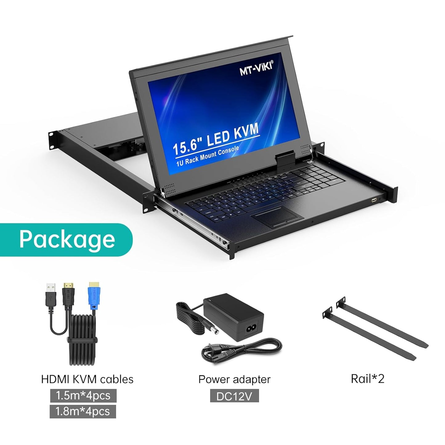 MT-VIKI 8 Port KVM Console HDMI, 1U Rack Mount KVM Console w/15.6'' LCD Monitor, 1080P Short Depth Integrated Touchpad+Keyboard+Drawer+8 Cables, Support OSD/Hotkey