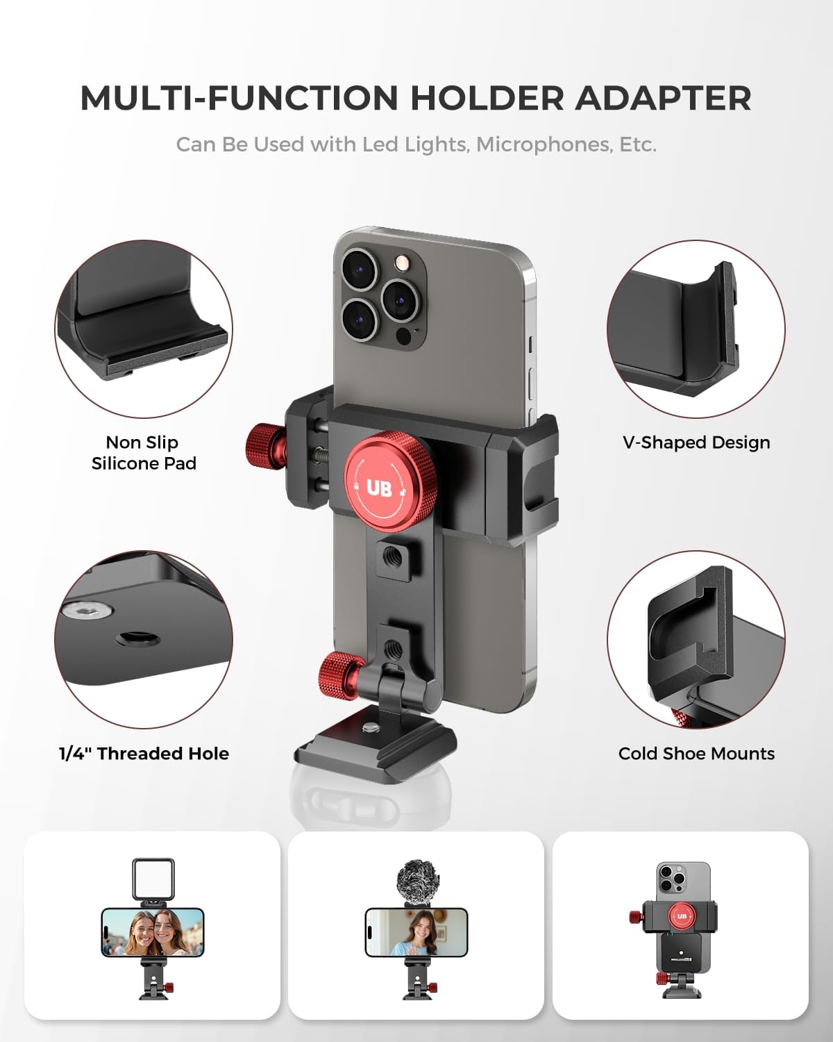 UBeesize Metal Phone Tripod Mount Cold Shoes with Arca QR Base, 3 Control Knob 360° Cell Phone Tripod Adapter for iPhone, Samsung, Desktop Tripod Smartphone Holder for Video Streaming Vlogging Rig