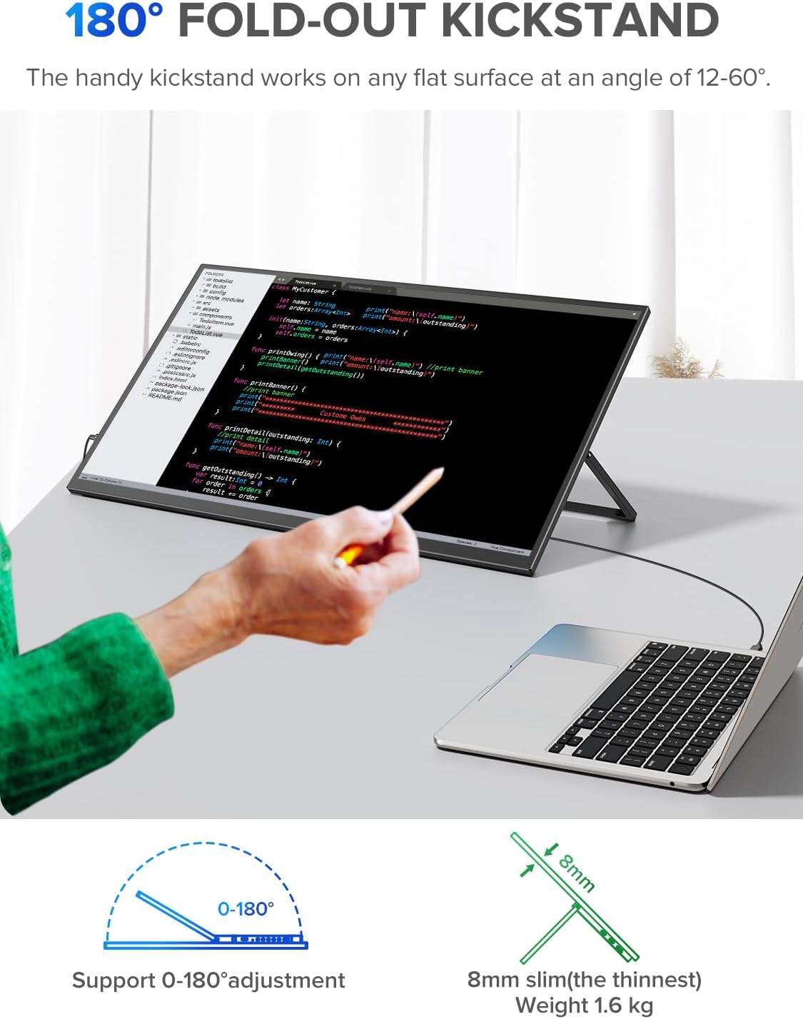 UPERFECT 22" 2K QLED Portable Touchscreen Monitor w/VESA & 180° Adjustable Stand, 2560×1440 QHD FreeSync HDR, 100% DCI-P3 Color, USB-C HDMI Travel Second Monitor for Laptop, Switch, Phone