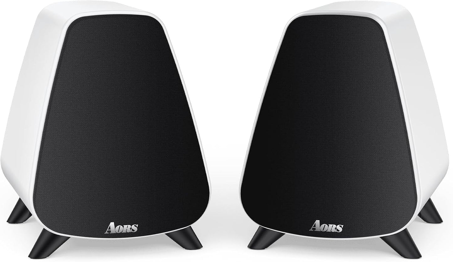 AS31 Active Bookshelf Speakers Bluetooth 5.3, 2-Way Stereo PC Desktop 80W RMS/3-inch Bass/Midrange/RCA and Fiber Optic Inputs, Wooden Compact High-Power Speakers - Matte Skin White