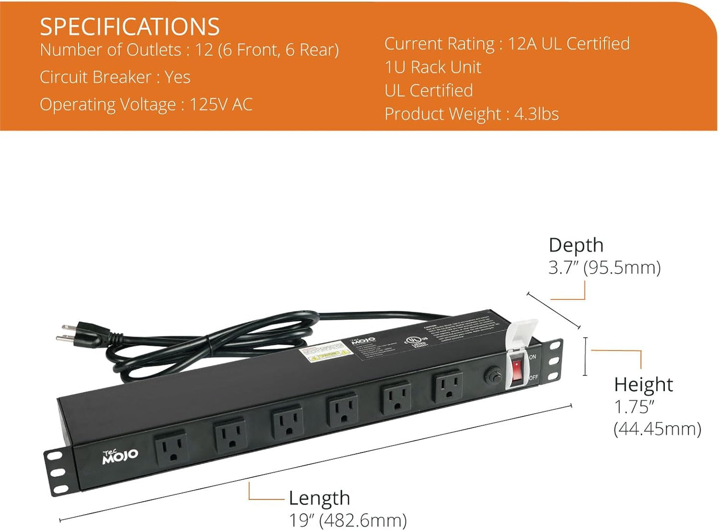 Tecmojo 1U Rackmount Network-Grade PDU Power Strip, 12 Wide-Spaced Right Angle Outlets, Circuit Breaker 12A (UL Certified 12A) 6ft Cord w/ 5-15P Plug, Black