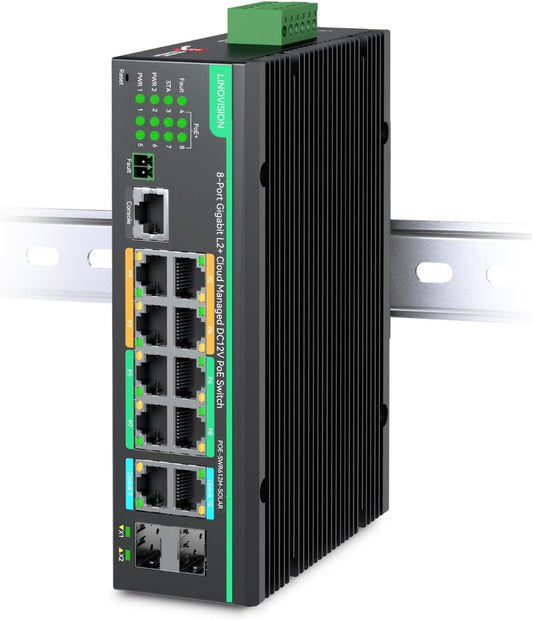 LINOVISION Industrial 12 Ports L2+ Cloud Managed PoE Switch with DC8~57V Redundant Power Input, Full Gigabit Solar PoE Switch, 12V PoE Switch with Relay Alarm, IEEE802.3af/at, Total PoE Budget 240W