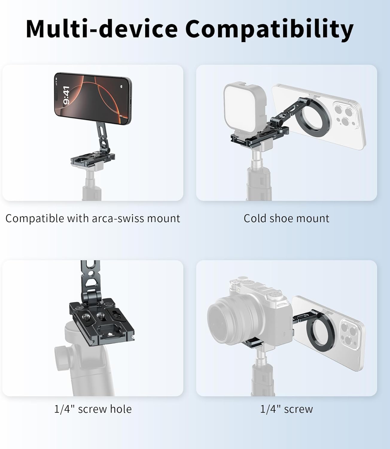 Magnetic Phone Tripod Stand,Foldable Cell Phone Holder for Magsafe with Arca-Swiss,1/4'' Screw Hole,Cold Shoe Mount,Pocket Mini Aluminum Selfie Stick Tripod Mount for iPhone/Android,Desk,Travel