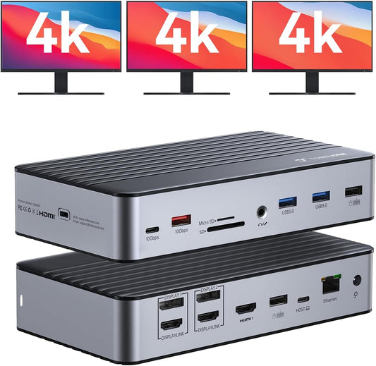 TobenONE DisplayLink Docking Station 3 Monitors with 3 HDMI(4K@60Hz), USB C Docking Station with 120W Charger, for MacBook Pro/Air, Thunderbolt 4/3, USB-C Windows(2 DP, 6 USB, Ethernet, SD/Micro SD)