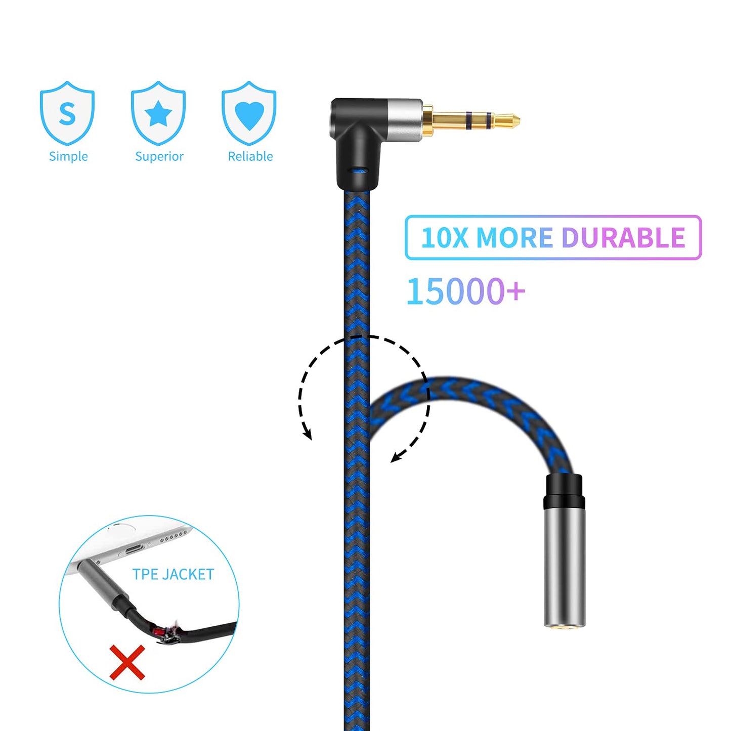 3.5mm Male to Female Extension Stereo Audio Extension Cable 30FT, Cotton-Braided Audio Extension Cable, Stereo Jack Cord for Phones, Headphones, Speakers, Tablets, PCs and More