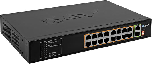 BV-Tech 18 Ports Long Range PoE+ Switch (16 PoE+ Ports | 2 Gigabit Ethernet uplink) - 19" Rackmount - 135W - 802.3af/at -Desktop Design for Easy Set Up