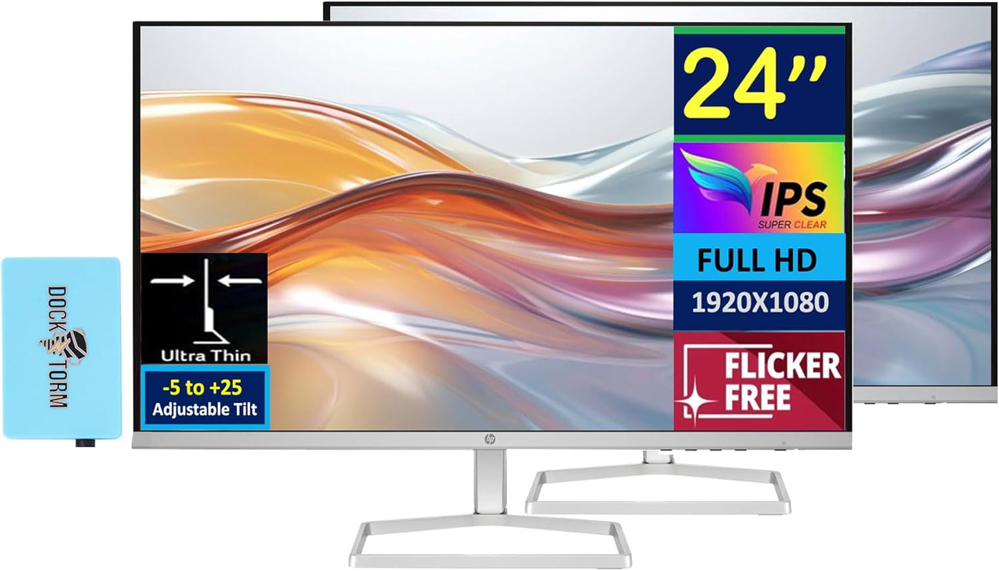 HP Series 5 524sw 24" 300 nits IPS FHD Monitor (Replaces M24FW) Adjustable Tilt, Flicker Free, Anti-glare, Ultra-thin, Low-Blue Light Filter, 1x HDMI, White/Silver w/DKZ Hub USB Port Expander (2 Pack)