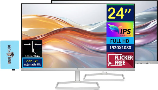 HP Series 5 524sw 24" 300 nits IPS FHD Monitor (Replaces M24FW) Adjustable Tilt, Flicker Free, Anti-glare, Ultra-thin, Low-Blue Light Filter, 1x HDMI, White/Silver w/DKZ Hub USB Port Expander (2 Pack)