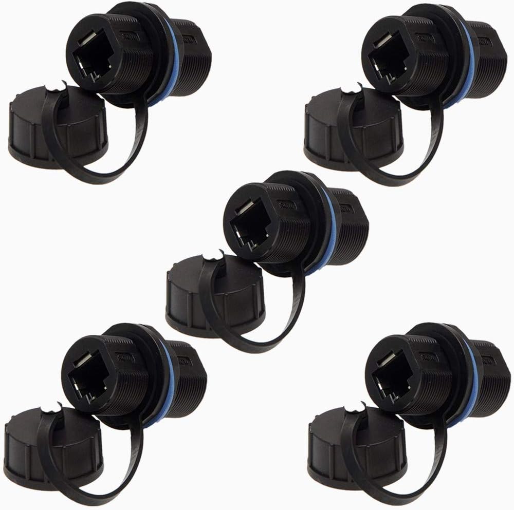 5PCS Panel Mounting Shielded RJ45 Waterproof Cat5/5e/6 8P8C Connector Ethernet LAN Cable Connector Double Head Adapter with Waterproof/Dust Cap