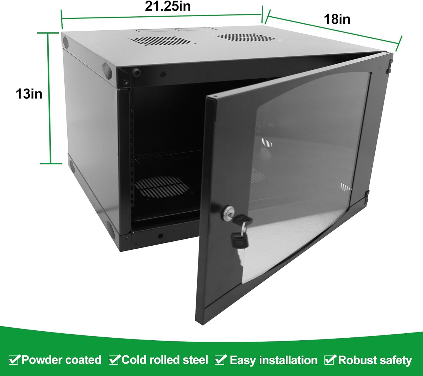 6U Server Cabinet Wall Mount Rack Enclosure with 2 Server Fans Locking Glass Door Removable Side Panels 19in Network Cabinet 13" Installation Depth for Computer/Audio Video/Data Equipment(13INCH, 6U)