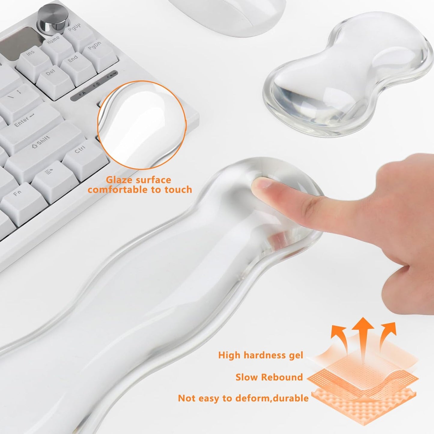 Gel Keyboard Wrist Rest, Cute Wrist Support and Arm Support Keyboard Rest for Keyboard and Mouse Typing Pain Relief，Suitable for Office/Computer/Laptop/Gaming（Transparent White Set ）