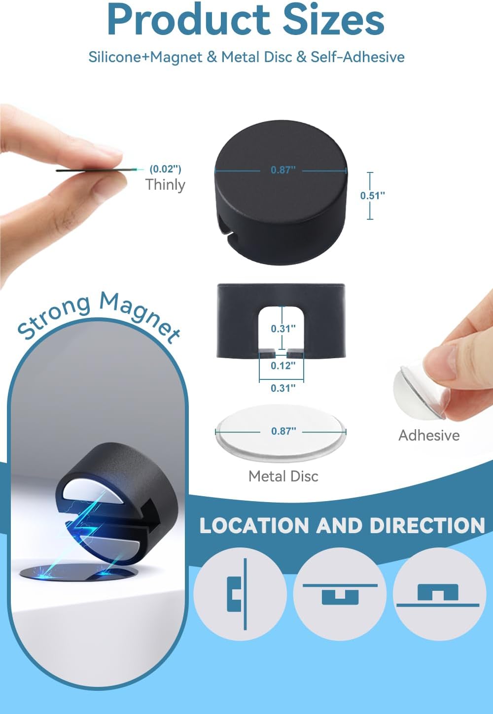 Maveek Magnetic Cord Clips Black, Silicone Cord Organizer Magnet Cable Holder Charging Cable Management Cord Keeper with Adhesive Metal Disc (5 Piece, Large Size)