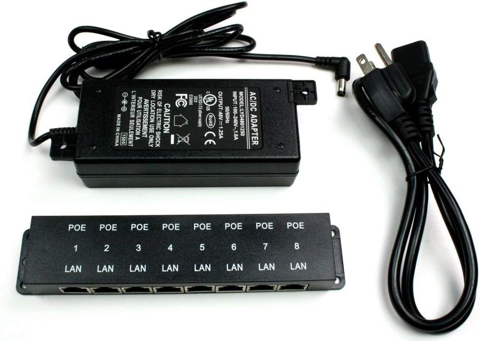 PoE Texas 8 Port Injector - 10/100 Passive Power Over Ethernet With 48V 60W UL Power Supply - 802.3af for VoIP Phones, WiFi Access Points, IP Cameras - Add to A Non-PoE Switch