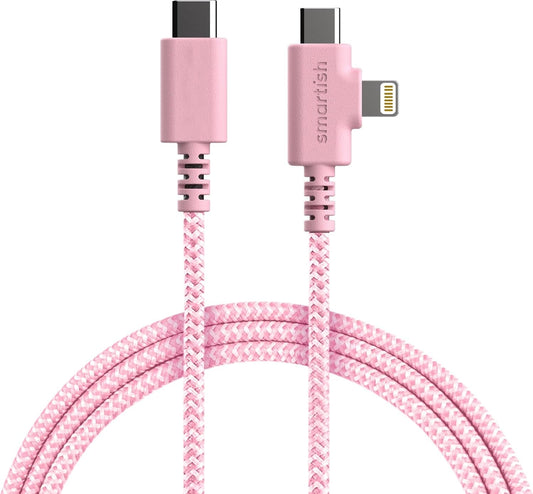 Smartish 2 in 1 USB C to USB C/Lightning Cable - Crown Joule - 6 Ft Fabric Wrapped Fast Charging Cord - for iPhone, Galaxy, Pixel - 100W Dual Fast Charger for Phones/Laptops - I'm Blushing
