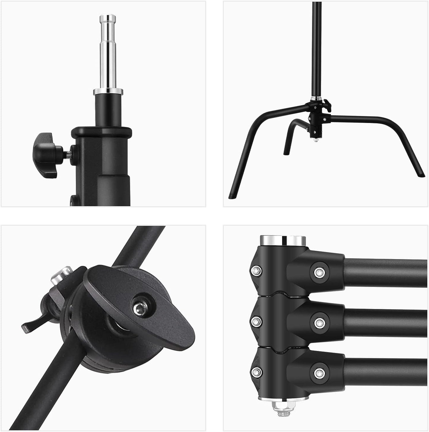 Soonpho 2 Pack 100% Heavy-Duty Steel C-Stand, Pro Photography Light Stand with 3.5'/108cm Extension Arm, Grip Head, Turtle Base for Studio Monolight, Softbox, Reflector, Max Height 10'/305cm – Black