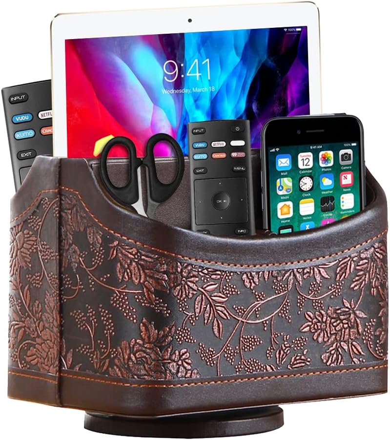 Fanousy 360° Rotating Remote Control Holder, PU Leather TV Remote Caddy Organizer Basket Storage Box with 5 Compartments for Pen, Pencil, Art Supplies, Makeup Brush, Office Desk Table Accessories
