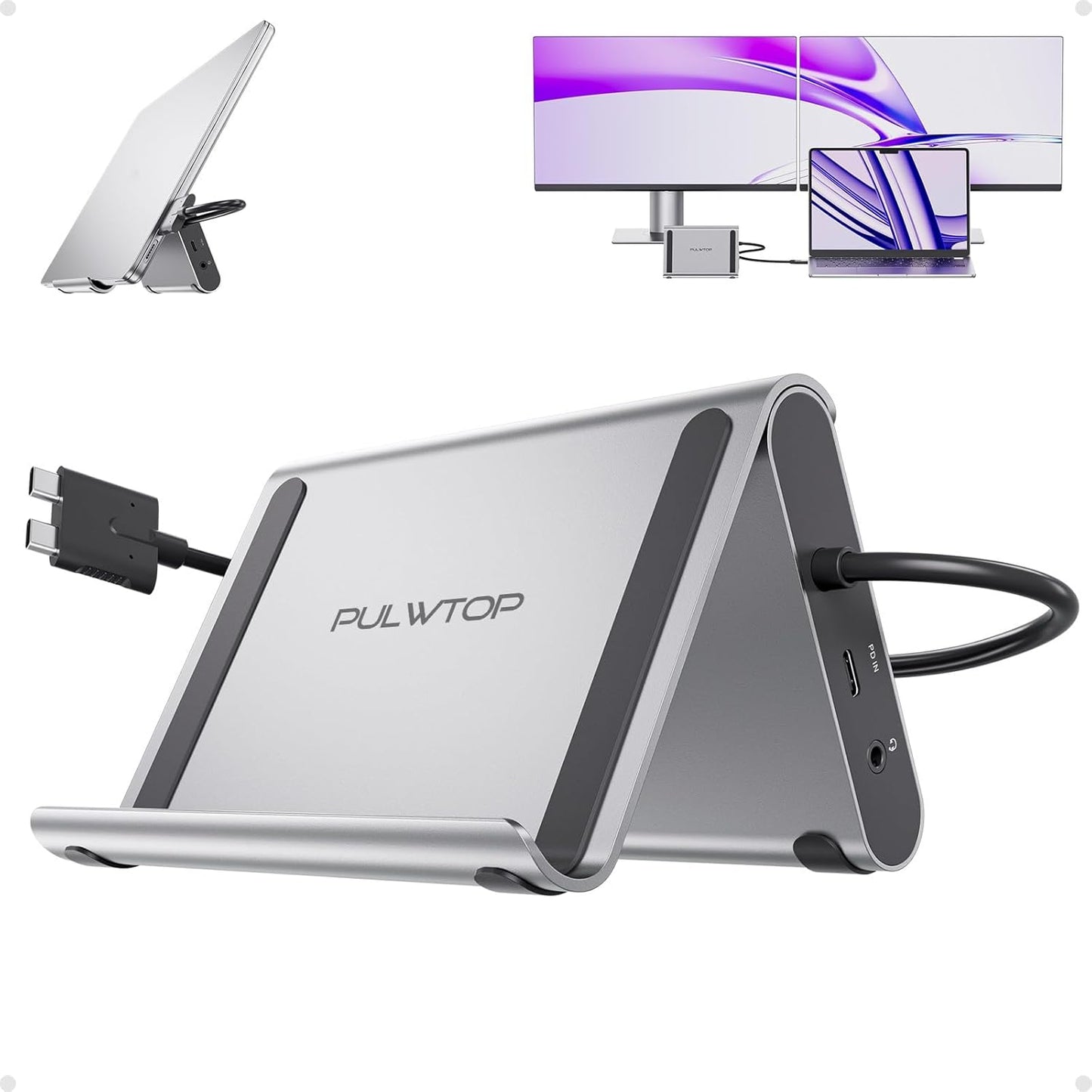 MacBook Pro Docking Station Dual Monitor 4K@60Hz for MacBook Pro/Air M3 Pro/M4, PULWTOP USB C Docking Station Stand Laptop Dock with 2 HDMI, PD, Ethernet, USB A/C 10Gbps, Audio, SD/TF, USB 2.0
