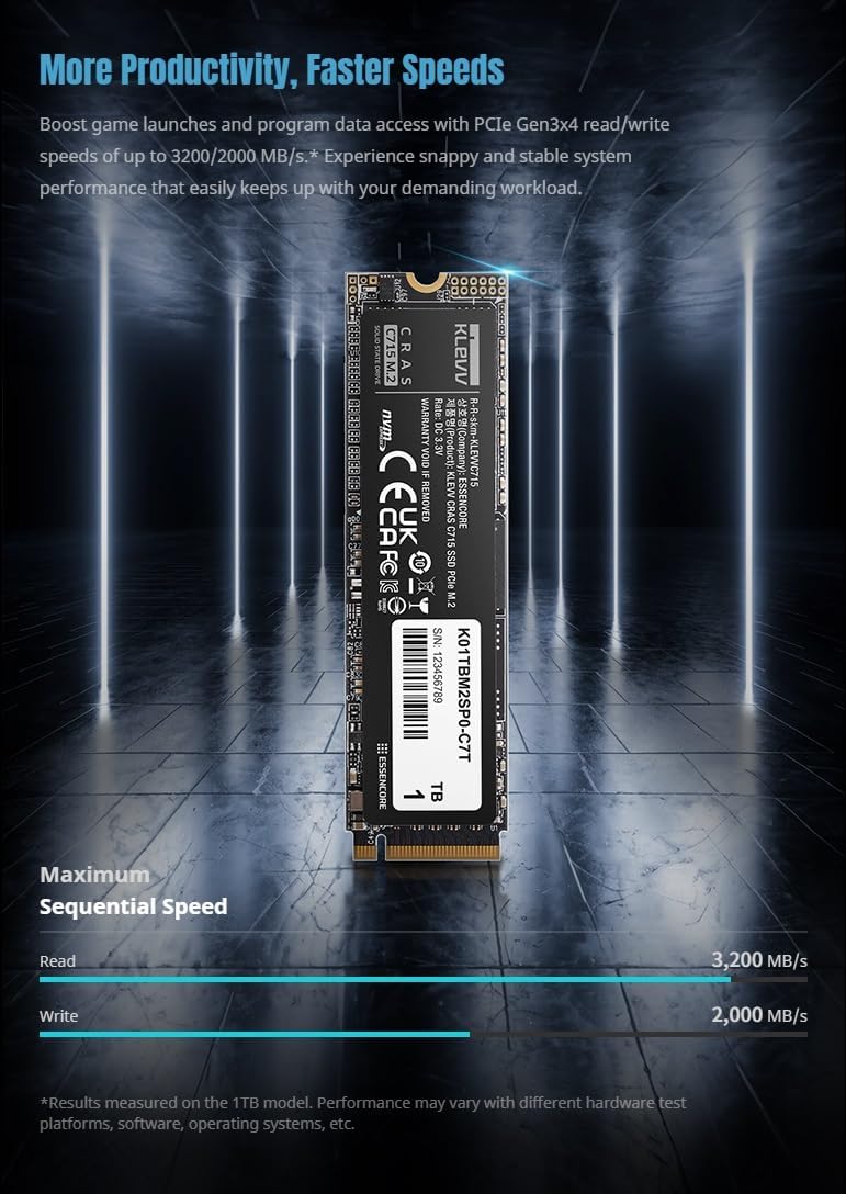 KLEVV CRAS C715 1TB M.2 2280 NVMe PCIe Gen3x4 Laptop & Desktop, up to 3200MB/s (K01TBM2SP0-C7T)