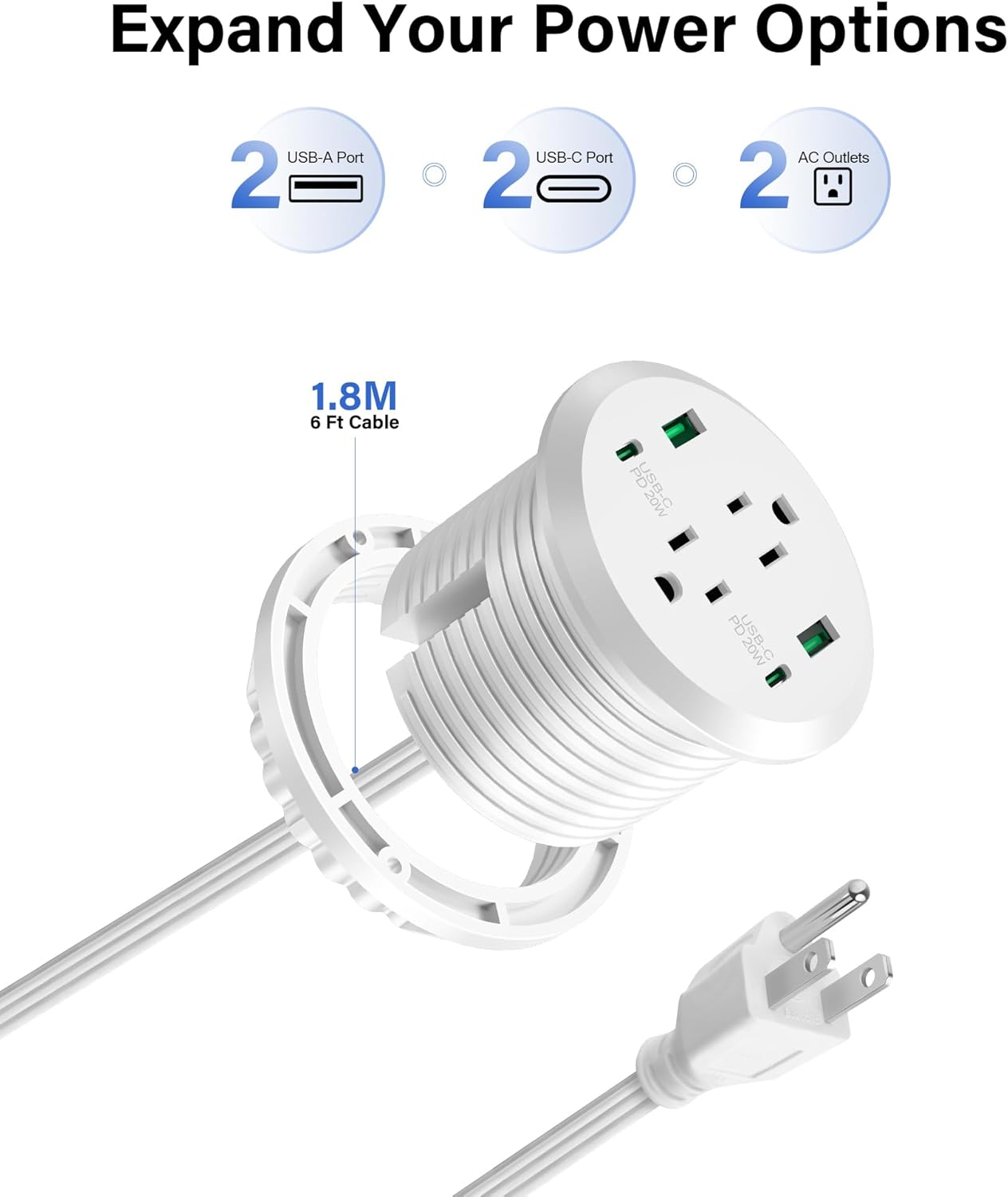 Desktop Power Grommet,40W Fast Charging Station,2 AC Outlets,4 USB Ports,Flush Mount Power Grommet 3-inch Hole,2 PD 20W USB C Ports