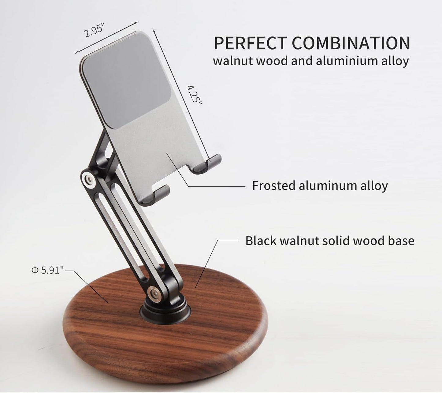 RENMTURE Phone Desk Stand, Adjustable Foldable Cell Phone Stand with 360° Rotation for iPhone 16 15 14 13 Pro ipad, Mobile Phones & Tablets Stable, Ergonomic Holder for Home Office, Walnut Wood Base