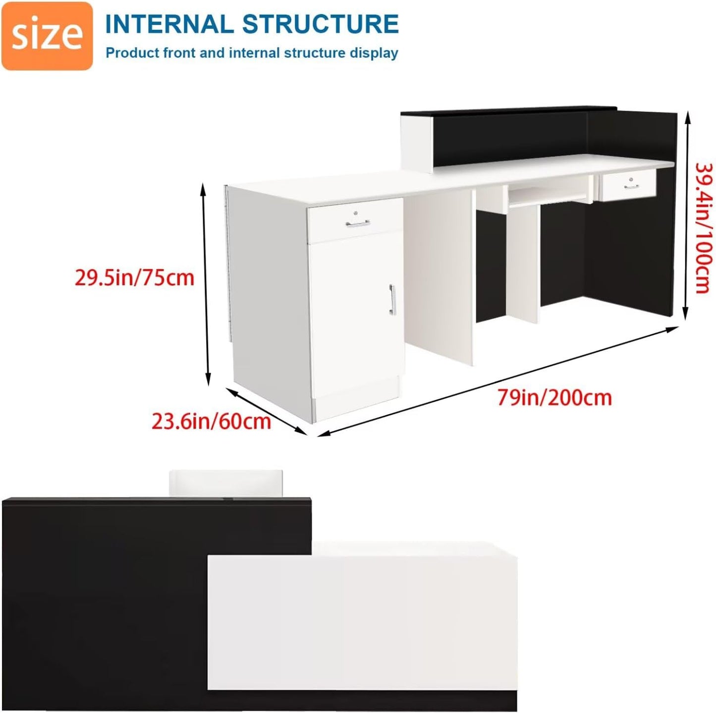 Reception Desk with Counter Modern Checkout Counter with Lockable Drawer Keyboard Tray Receptionist Desk for Office Salon Reception Table E Right 79inch/200cm