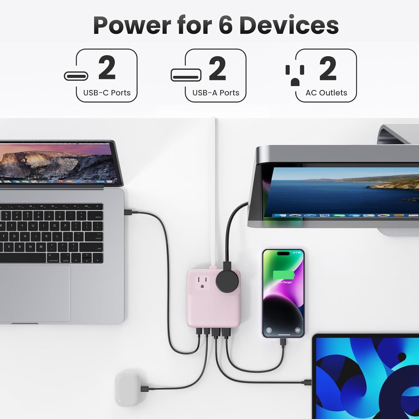 USB C Charger Block,135W GaN IV Fast Charging Station Hub,6-in-1 USB C Power Strip with Flat Plug and 5ft Cord,2 AC,2 USB A,2 USB C,PD 65W Laptop Charger for MacBook Air/Pro,iPhone16/15,Samsung-Pink