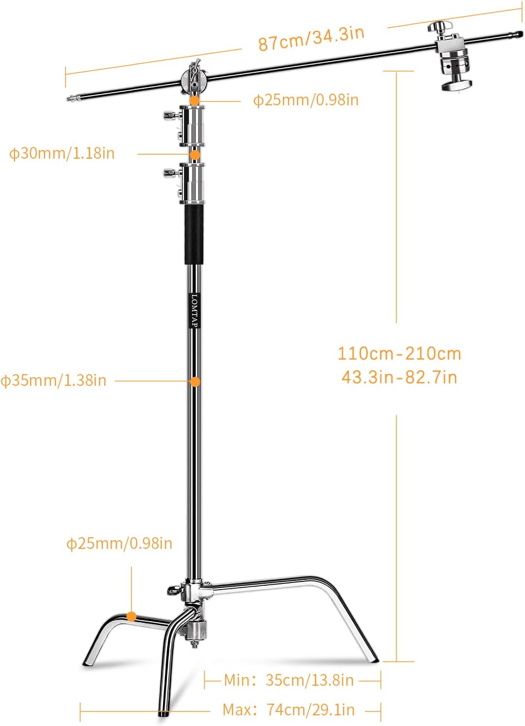 LOMTAP C Stand Light Stand Stainless Metal Photography Kit - Heavy Duty 6.8ft/210cm Vertical Pole, 2.8ft/87cm Boom Arm, Adjustable Base, Water Sandbag, 2 Grip Heads, 3 Clips for Softbox, Reflector