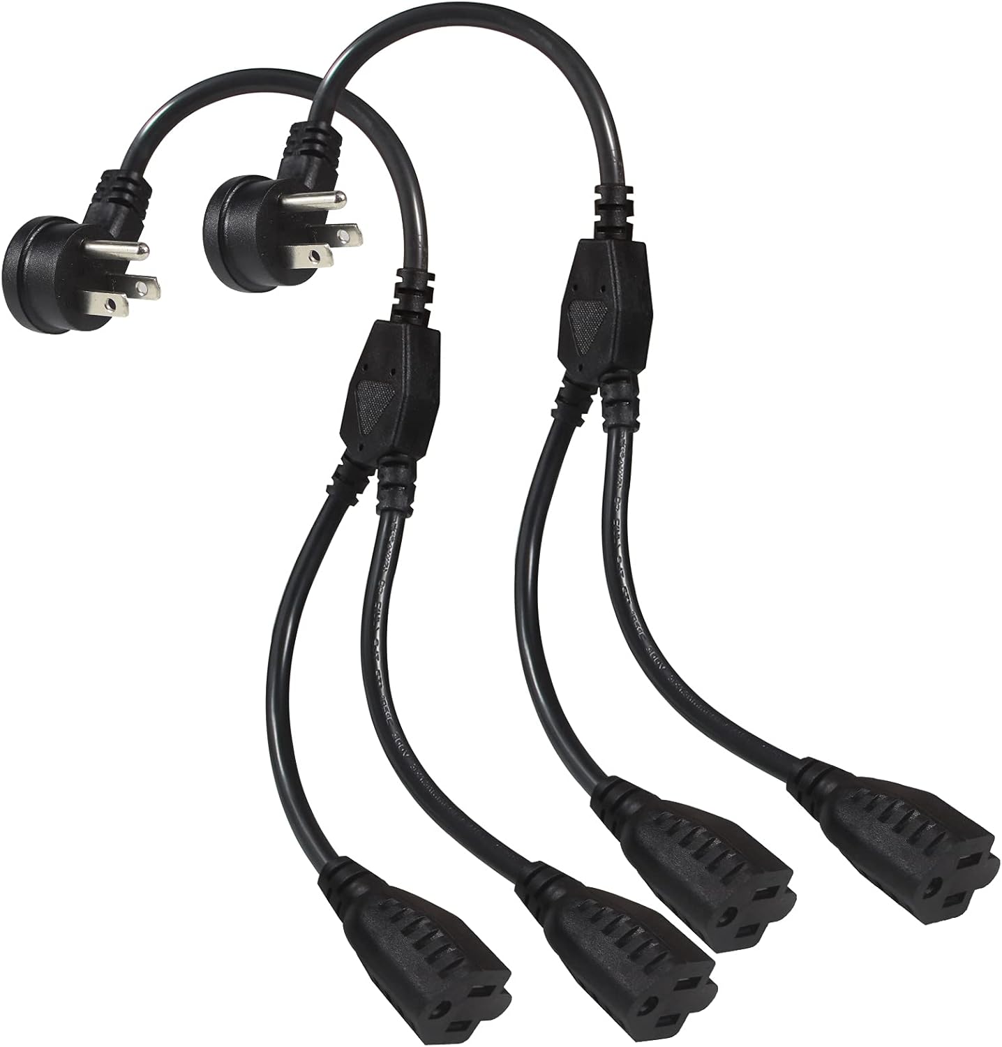 Power Extension Cord Y Splitter - 1FT Right Angled Type Flat Plug NEMA 5-15P 1 to 2 Way Outlet NEMA 5-15R SJT 16AWG 3 Prong Low Profile Black AC Power Cable Wire Extender for Home Office (2-Pack)
