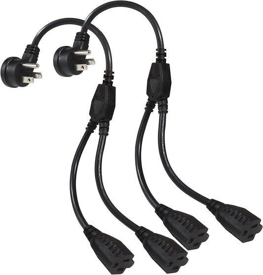 Power Extension Cord Y Splitter - 1FT Right Angled Type Flat Plug NEMA 5-15P 1 to 2 Way Outlet NEMA 5-15R SJT 16AWG 3 Prong Low Profile Black AC Power Cable Wire Extender for Home Office (2-Pack)