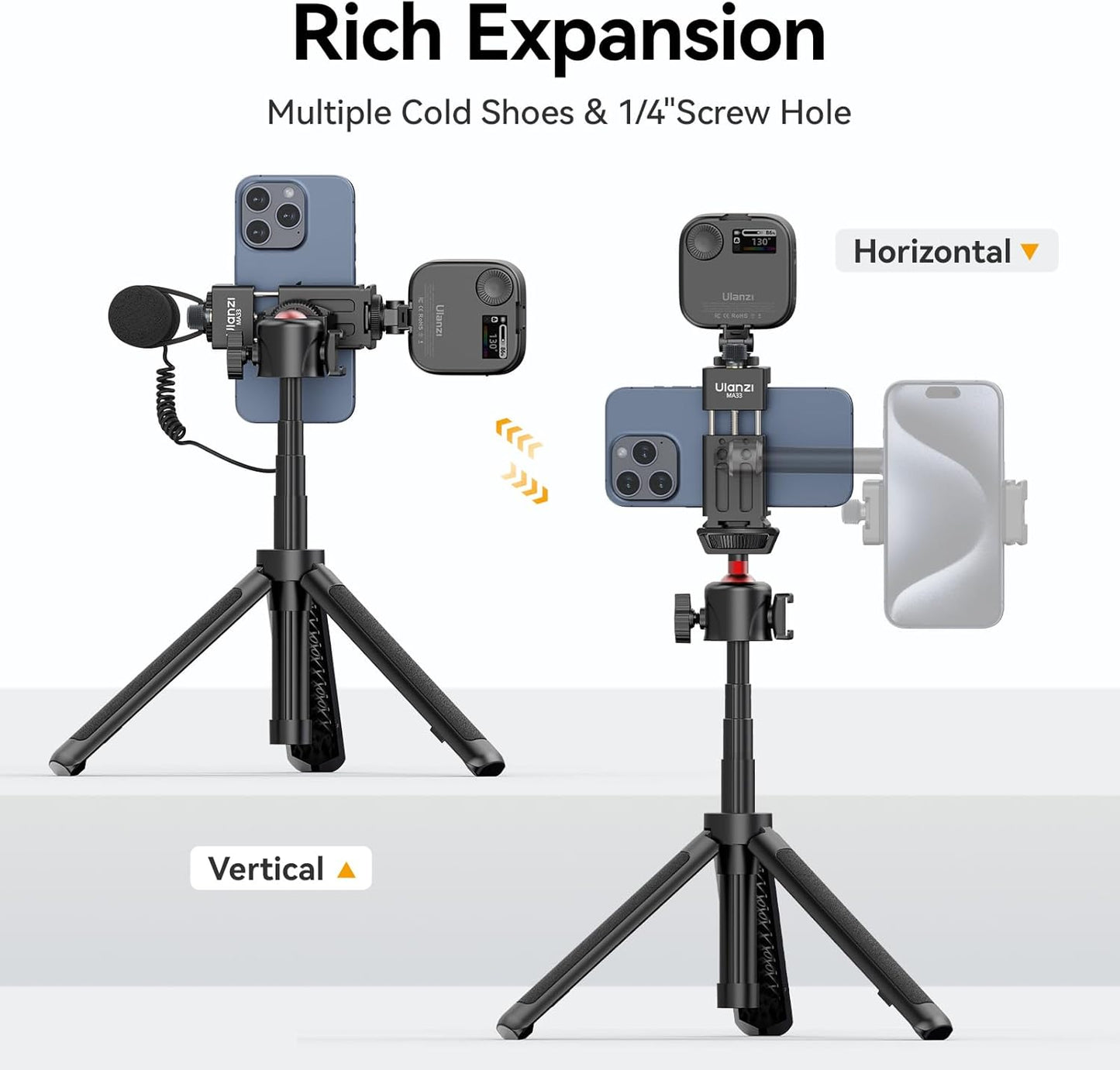ULANZI MA33 Metal Phone Tripod Mount with Arca Port & 2 Cold Shoes, 360° Adjustable Smartphone Tripod Adapter Cell Phone Stand Holder Phone Clamp Suitable for iPhone 15 pro/14/13/12/Samsung