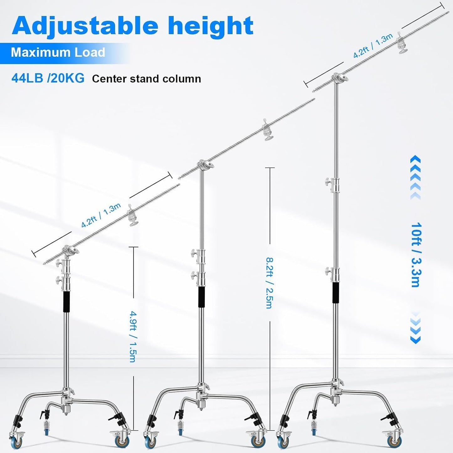 Soonpho Adjustable 10ft/3.3m Heavy Duty Light Stand with Boom Arm and Wheels,100% Stainless Steel Reflector C-Stand with Grip Head & Sandbag &Clamps,for Studio Video Reflector,Monolight,Softboxes