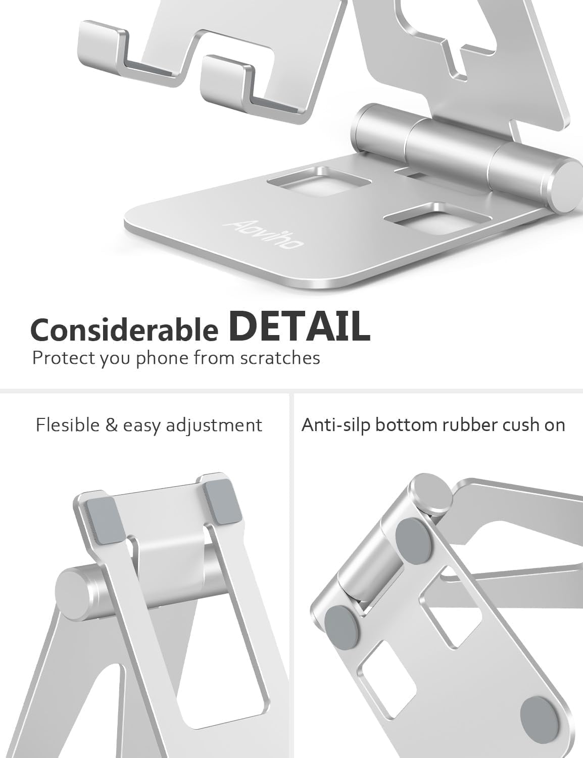 Cell Phone Stand for Desk, Adjustable Desktop Phone Holder Stand, Foldable Moblie Phone Dock for iPhone 15 14 13 12 11 Pro Xs Max Xr X 8 7 6 5 5s SE Nintendo Switch All Phones, Silver