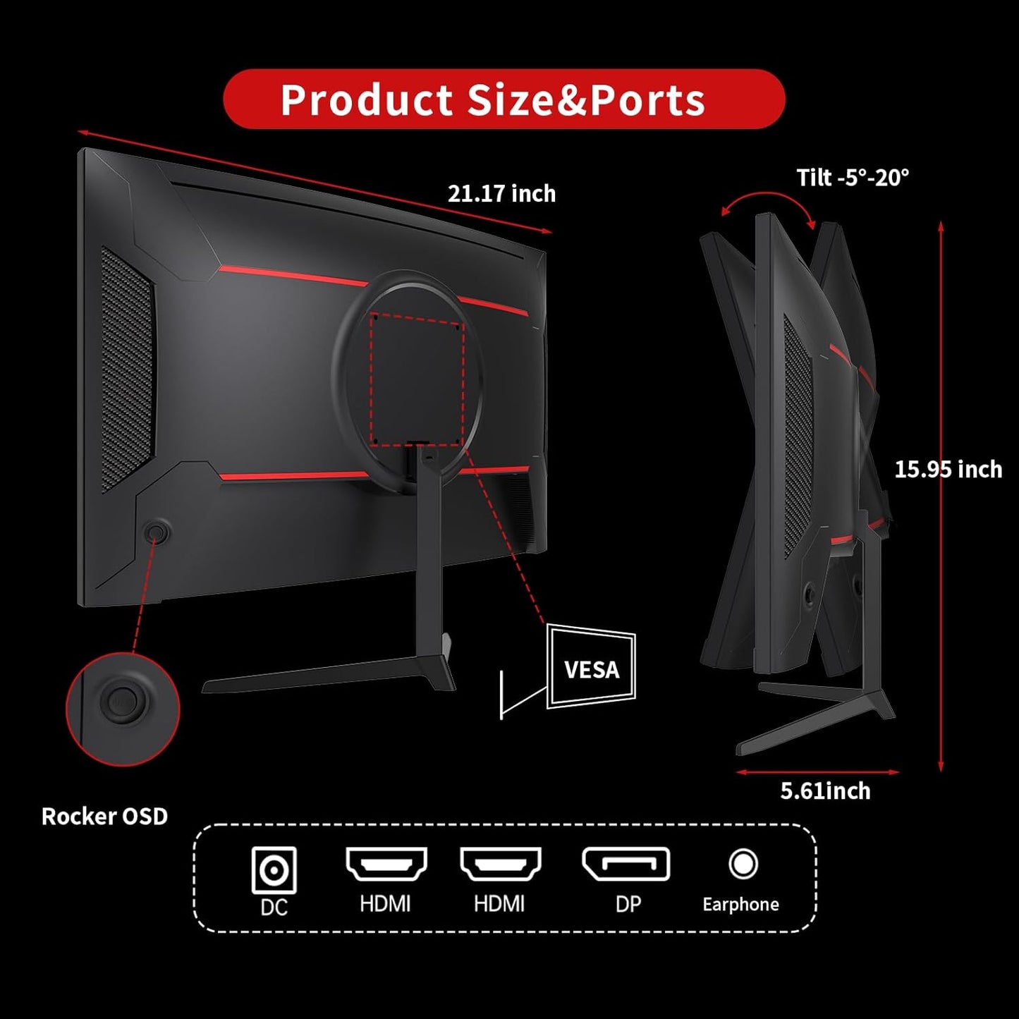 KTC 24 inch 1500R Curved Gaming Monitor 165Hz 1ms FHD 1080p VA Tilt Adaptive Sync HDR 110% sRGB DP/HDMI,VESA for Gaming Home Office Business PS5 PC Monitors