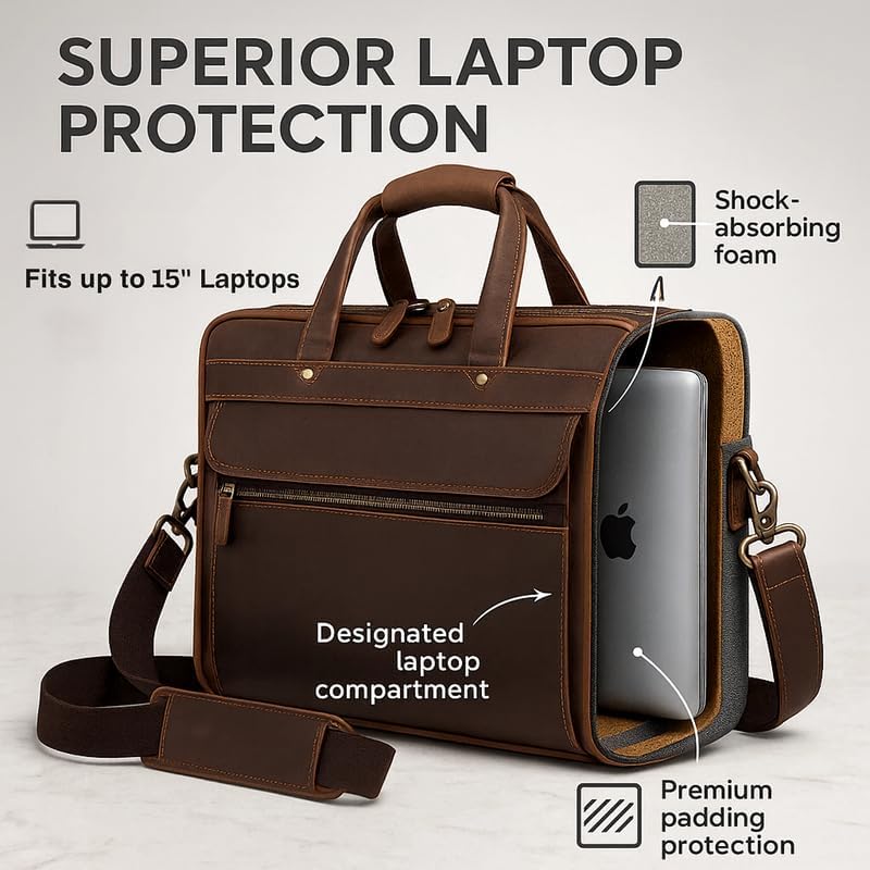 Luxorro Full Grain Leather Briefcase for Men, Top Choice Gifts, Handcrafted Laptop Bag with Multiple Compartments and Brass Hardware, Fits 15.6 Inch Laptop