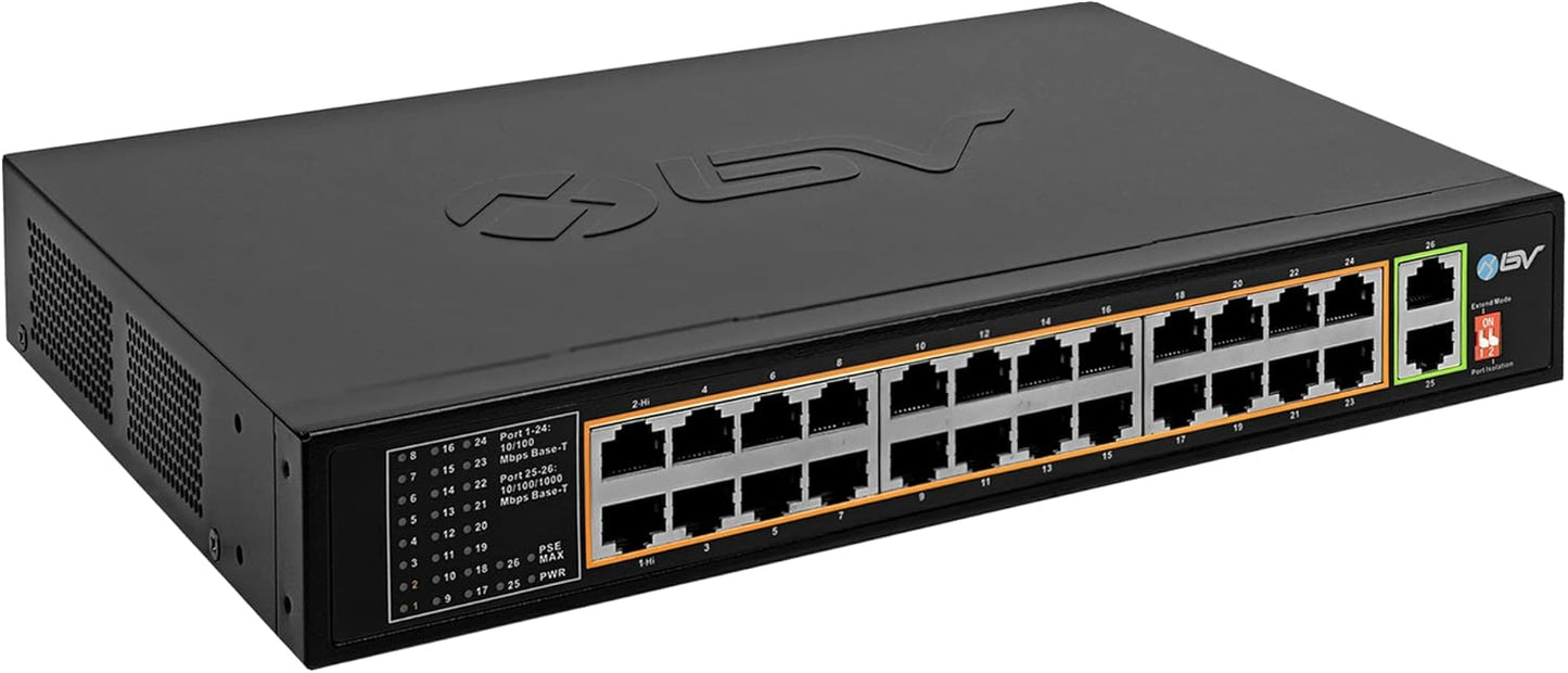 BV-Tech 24 Port PoE+ Switch with 2 Gigabit Ethernet or SFP Uplink, Long Range | POE-SW2402