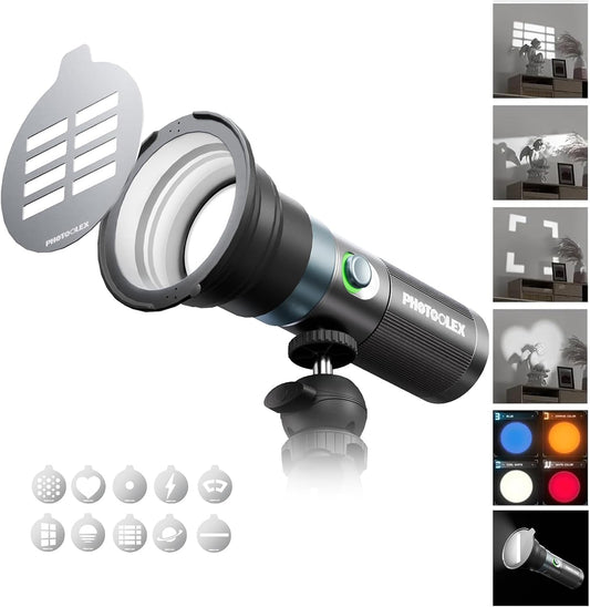 PHOTOOLEX 8400mAh Led Photography Flashlight with 4 Colors/10 Magnetic Pattern Gobos, Handheld Spotlight for Photography, 10W Rechargeable Fill Light for Photo, Content Creation, Video Recording
