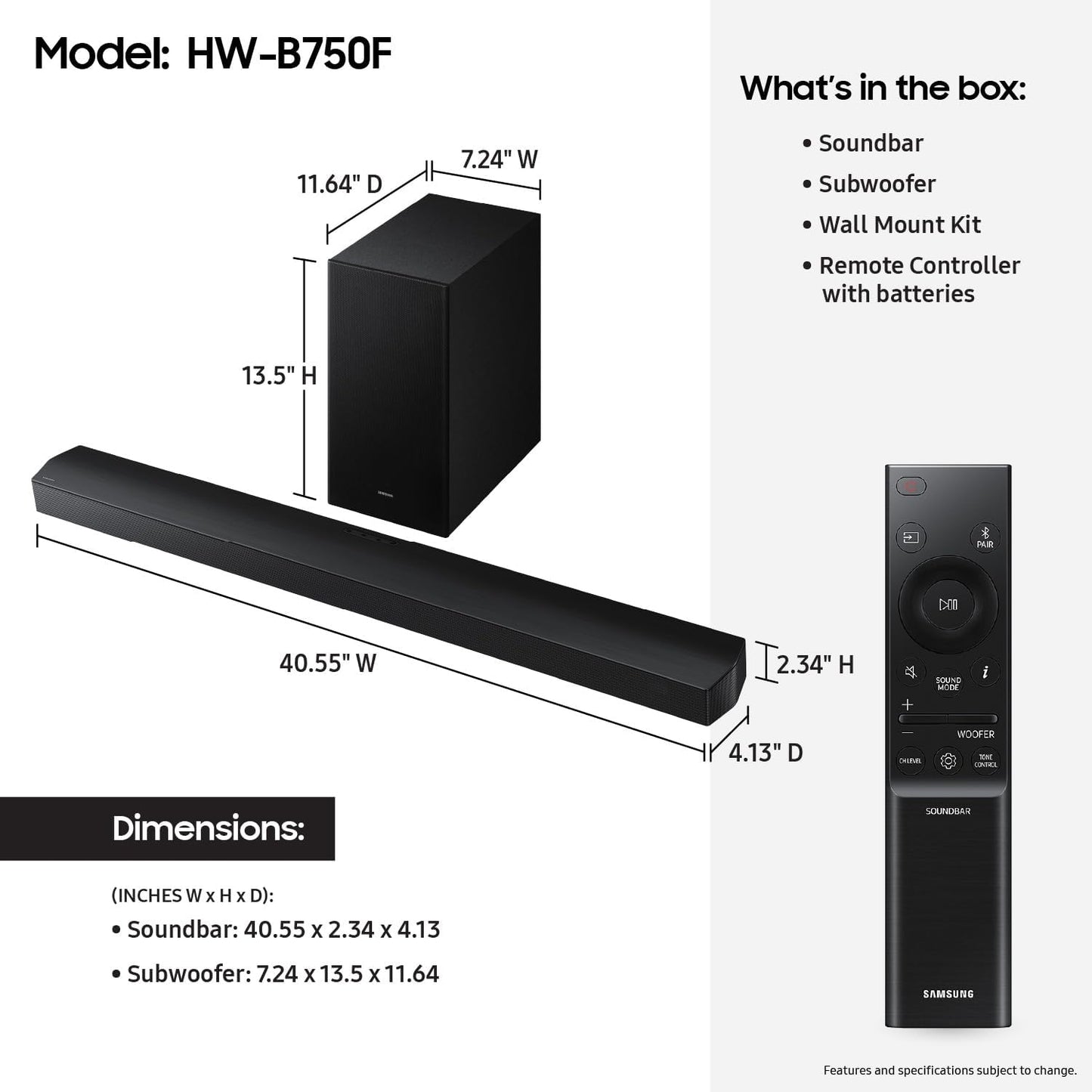 Samsung B-Series Soundbar HW-B750F 5.1 ch Subwoofer (2025 Model) Voice Enhance Mode, Q-Symphony, Adaptive Sound