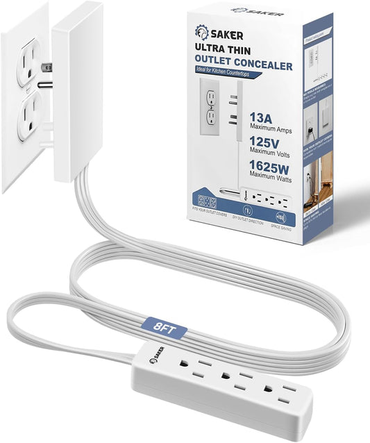 Saker Outlet Concealer Power Strip, 8ft Ultra-Thin Extension Cord with 3 Outlets,1625W, Low-Profile Flat Plug, Wall-Hugging Design for Home, Office, and TV Setup (8ft)