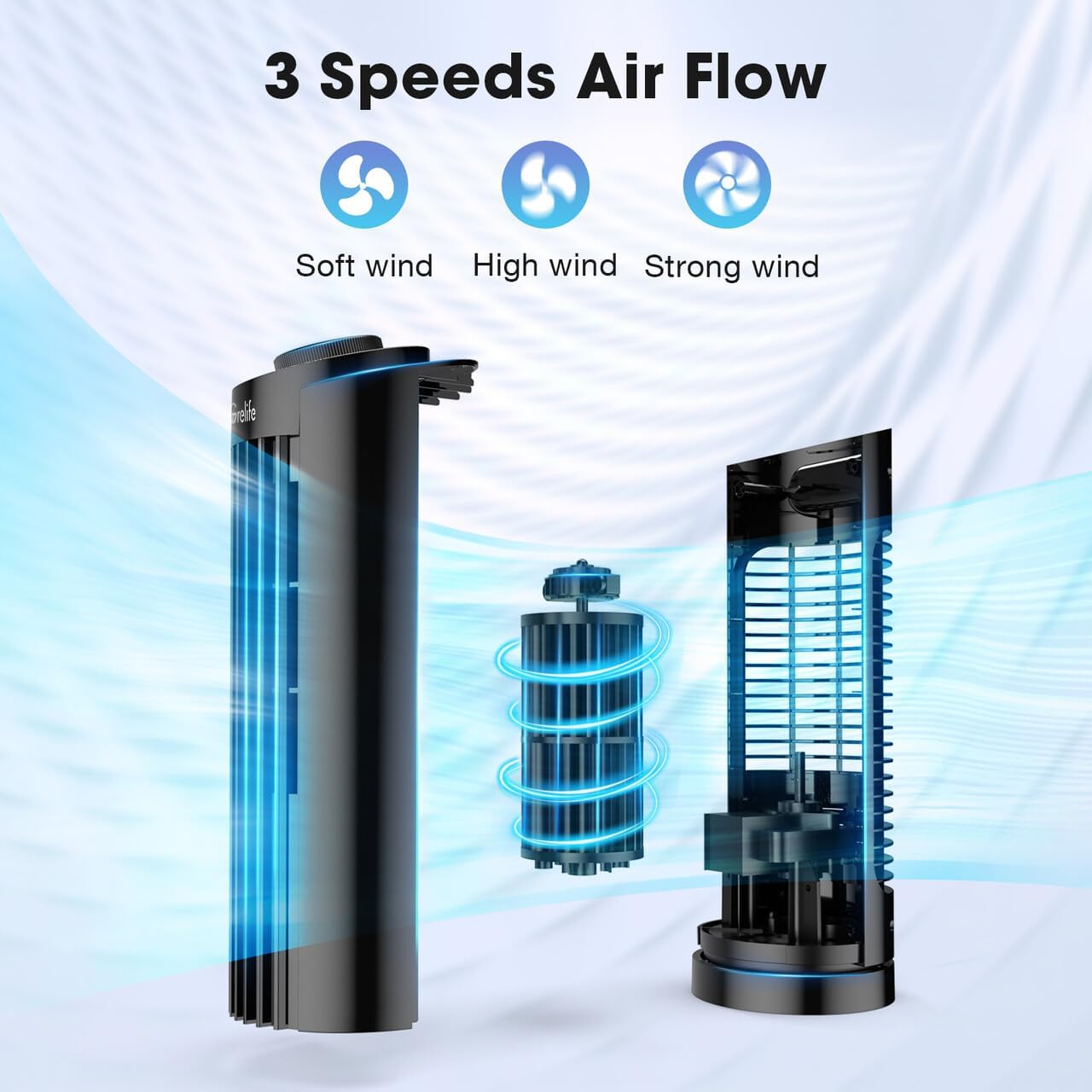 Grelife Tower Fan with Remote Control, Fast Cooling Desktop Fan, 90° Oscillation, 3 Speeds, 3 Wind Modes, Touch Screen, Auto Timer, Ideal for Home, Office Bedroom
