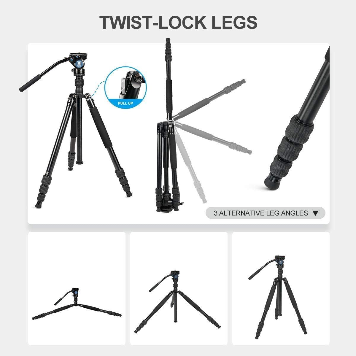 SIRUI Aluminum Camera Tripod Monopod with VA-5 Fluid Pan Head, 62.6″Heavy Duty Tripod Kit for DSRL, Binocular, Spotting Scope, Quick Release Plate, 1/4" 3/8" Screws, Payload 6.6lbs -Traveler VA