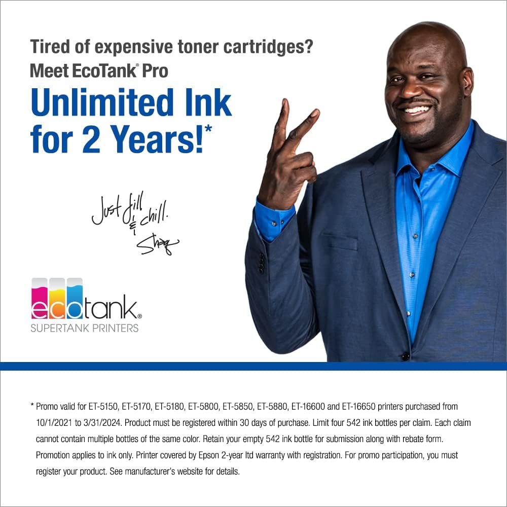 Epson EcoTank Pro ET-5850 Wireless Color All-in-One Supertank Printer, White & T522 EcoTank Ink Ultra-high Capacity Bottle Color Combo Pack (T522520-S)