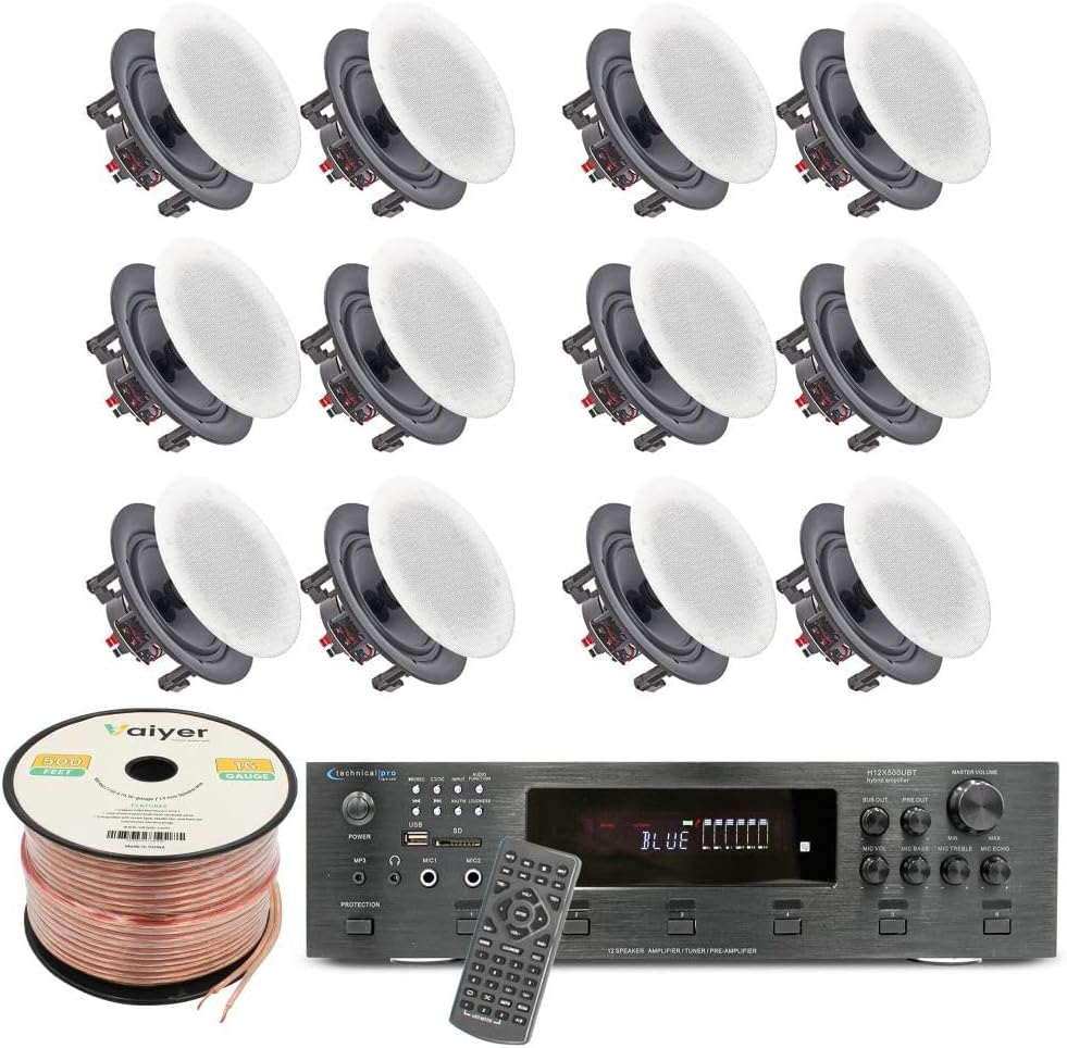 Vaiyer Home Audio System Kit, 6-Channel 6000 Watts Bluetooth Amplifier with 6.5" 12 QTY of 200 W Each Frameless in-Ceiling Speakers & 16 AWG 500 ft. Speaker Wire - Perfect for Home, Office, Restaurant