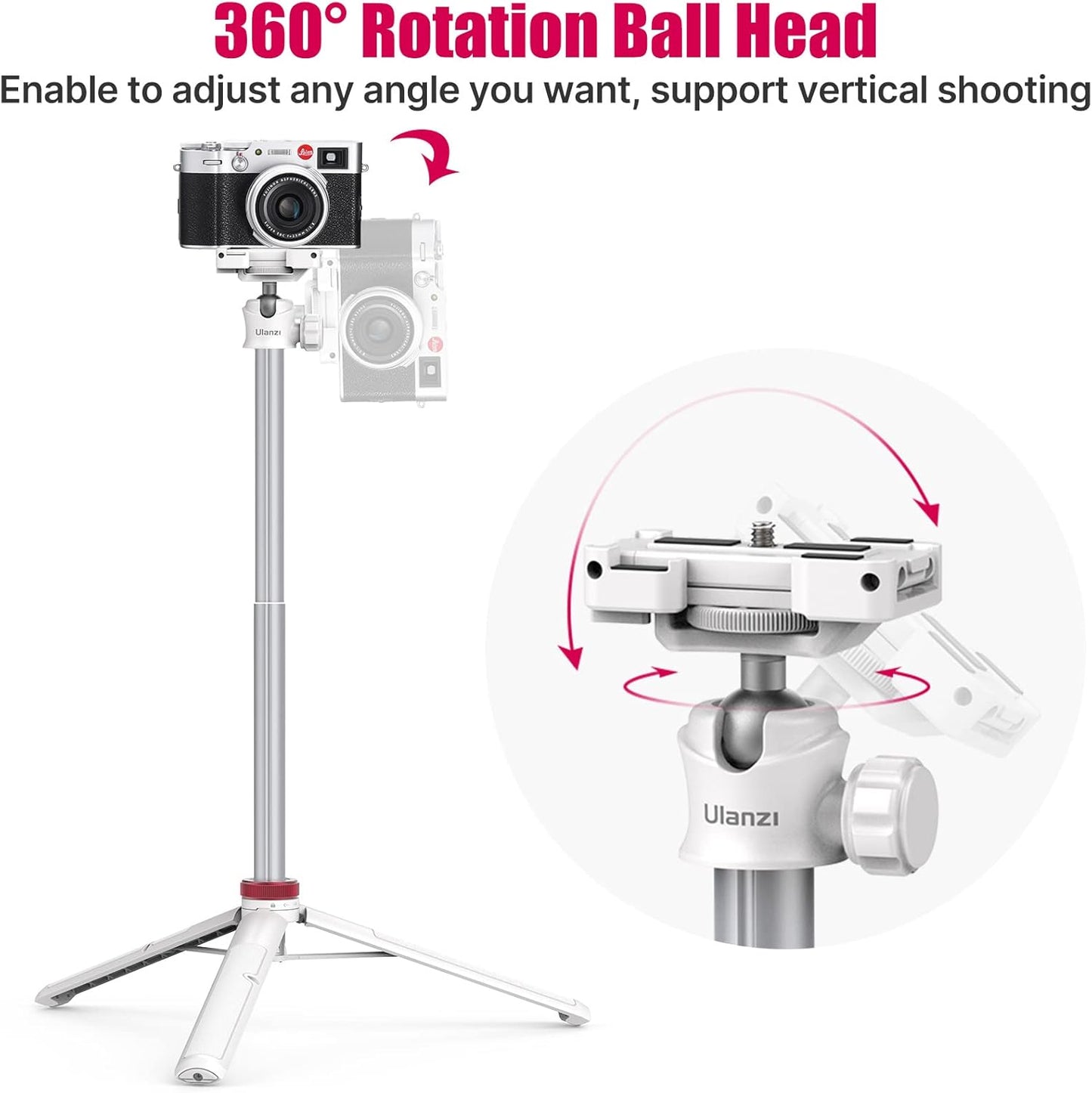 ULANZI MT-44 Extendable Phone Tripod, 59" Selfie Stick Portable Vlog Tripod Stand with 2 in 1 Phone Clip 1/4" Screw, 360° Ball Head Camera Tripod for DJI Pocket Sony Canon Action Fujifilm, White