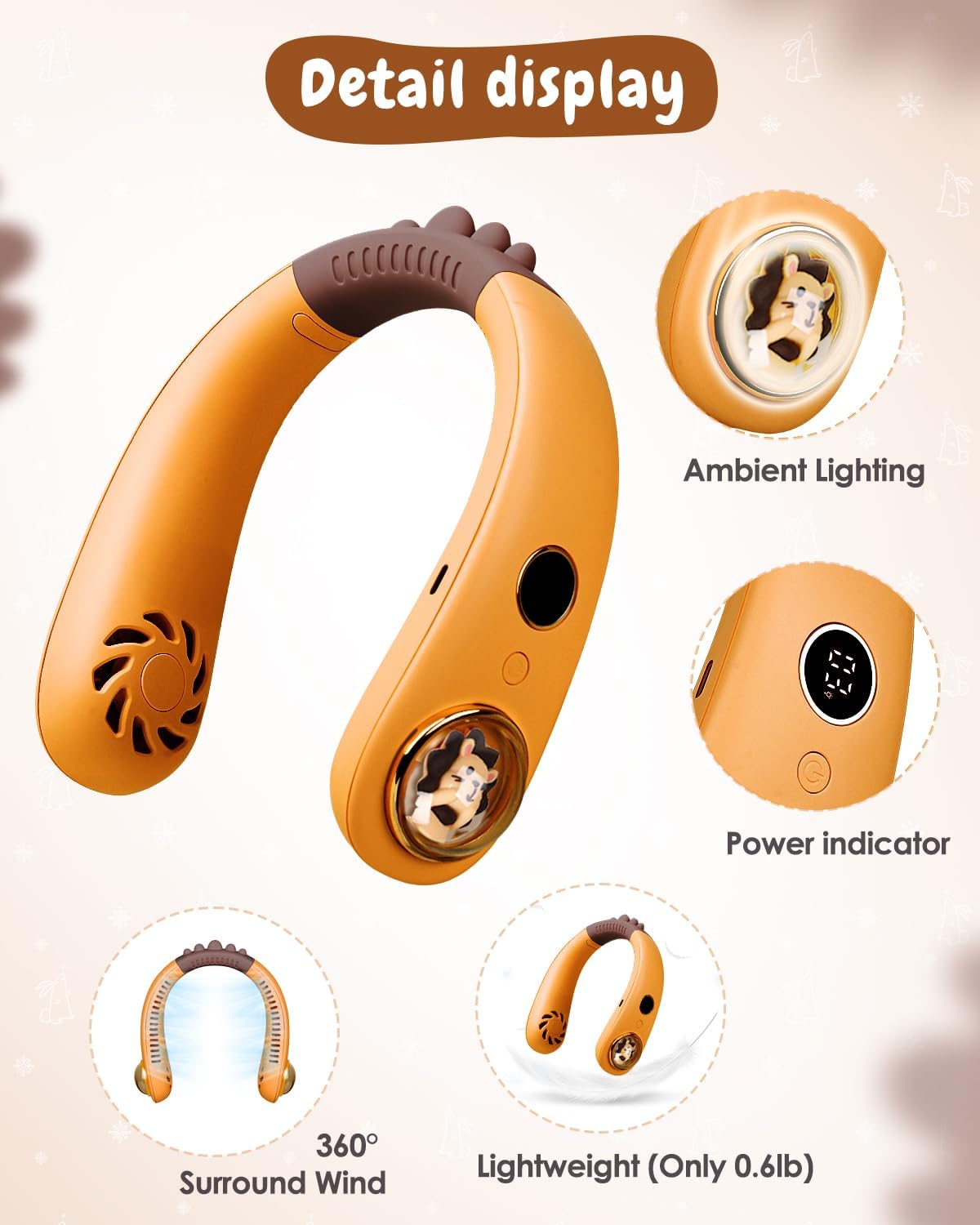 Neck Fan for Kids,Bladeless Portable Fan Rechargeable for 4-14Y Girls & Boys, 2400mAh USB Personal Cooling Mini Fan Rechargeable for Travel/Disney/Camping, 3 Speeds, Summer Essentials(Orange)